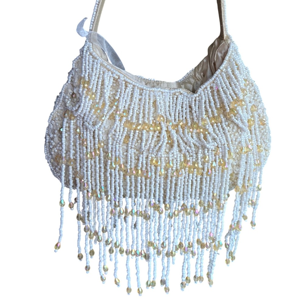 Hand Beaded Fringe Evening Bag White Yellow Crystal Sequin India Boho Clutch NEW